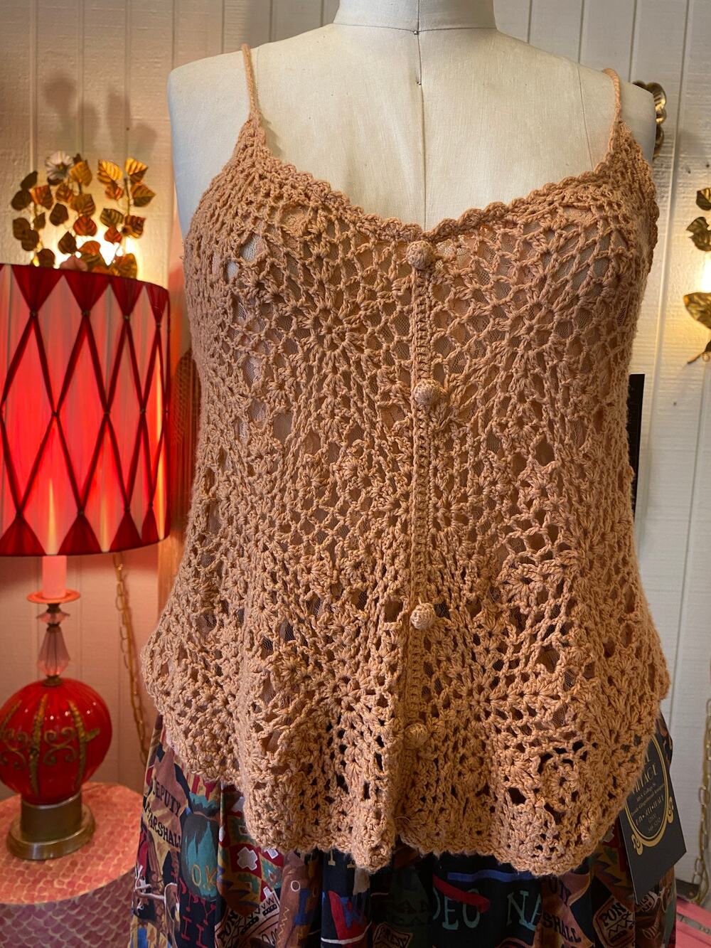vintage y2k blush crochet tank top, knit camisole, spaghetti strap, boho hippie